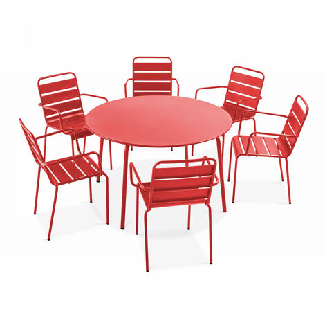 Ensemble table de jardin ronde et 6 fauteuils acier rouge - Palavas