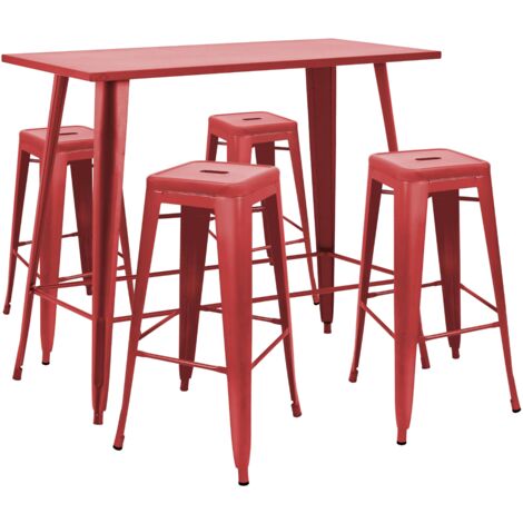 Table haute de jardin et 4 tabourets en métal rouge (1/5)