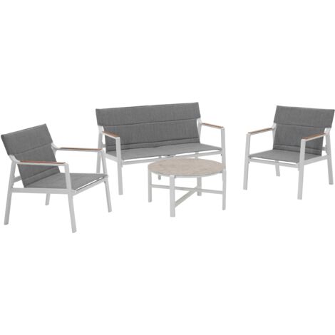 Oviala – Salon de jardin 4 places en aluminium blanc – Fauteuils L.62 x P.68 x H.77 cm – Canapé double L.121 x P.68 x H.77 cm – Table basse diamètre 74 cm (1/5)