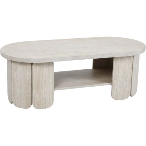 Oviala – Table basse fixe en MDF effet bois blanc – Forme ovale – Dimensions 110x50x38,5 cm – Charge maximale 50 kg – Étagères intégrées (1/5)