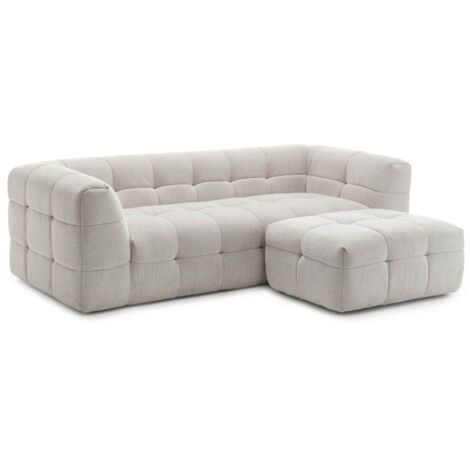 Canapé 3 places en bois et polyester effet mattelassé avec pouf écru (1/5)