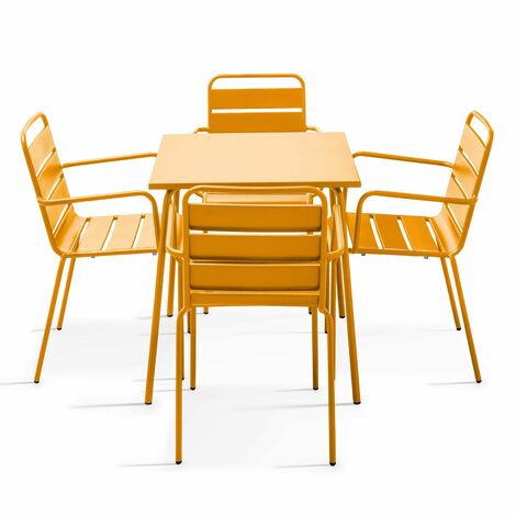Ensemble table de jardin carrée et 4 fauteuils acier jaune - Palavas (1/5)