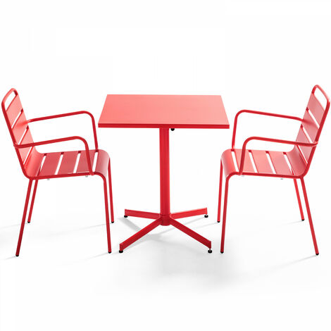 Palavas - Table de jardin carrée et 2 fauteuils métal rouge - Rouge