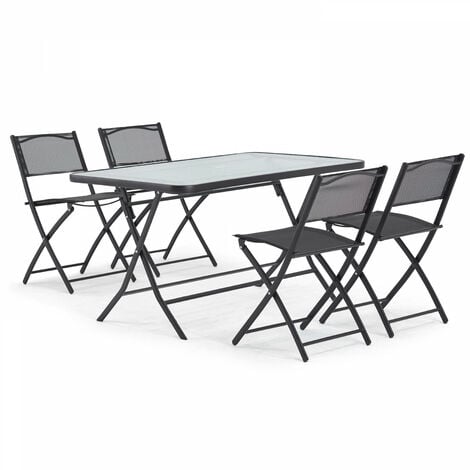 Table de jardin et 4 chaises pliantes en acier et verre noir - Noir