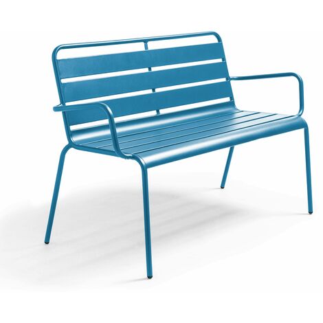 Oviala – Banc de jardin en métal bleu pacific – Structure 100% acier thermolaqué – Dossier incliné pour confort – Dimensions 126x55x85cm