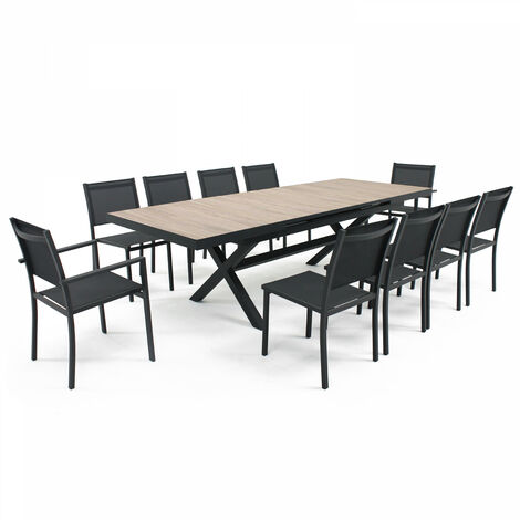 Oviala – Ensemble table et chaises de jardin extensible 8 à 10 places – Plateau en céramique imitation bois clair – Structure en aluminium – Empilables