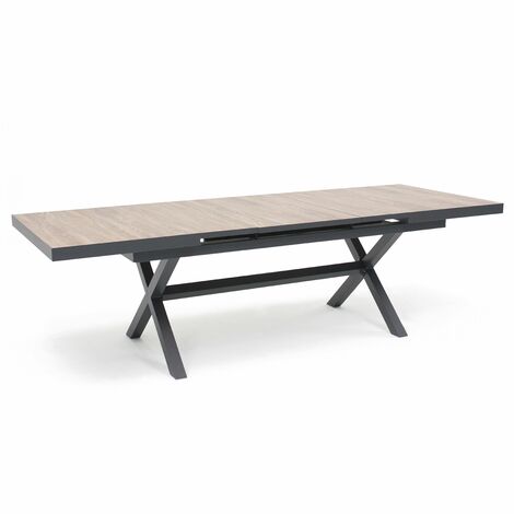 Oviala – Table de jardin extensible 10 places en aluminium gris foncé – Plateau en céramique imitation bois – Mécanisme de rallonge automatique – Entretien facile (1/5)