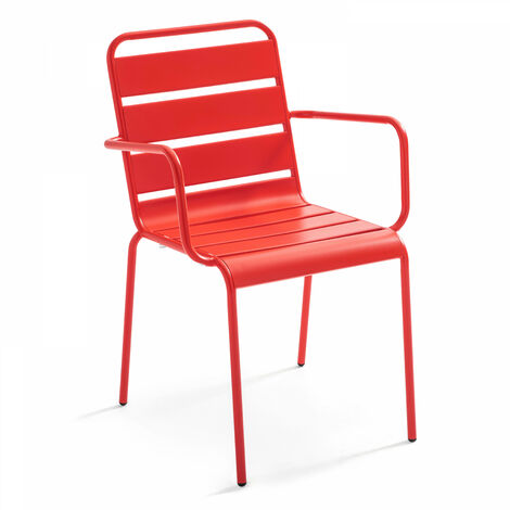 Oviala – Fauteuil de jardin en acier thermolaqué rouge – Accoudoirs confortables – Empilable – Protection époxy contre rouille et UV