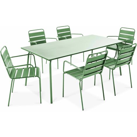 Ensemble table de jardin et 6 fauteuils en métal vert cactus - Palavas (1/5)