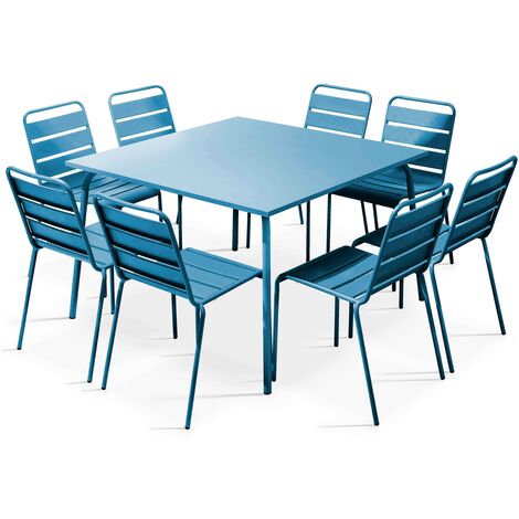 Oviala – Ensemble table et 8 chaises en métal bleu pacific – Acier thermolaqué anti-rouille – Dimensions table 120x120cm – Pour extérieur