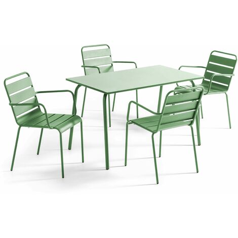 Ensemble table de jardin et 4 fauteuils en métal vert cactus - Palavas (1/5)