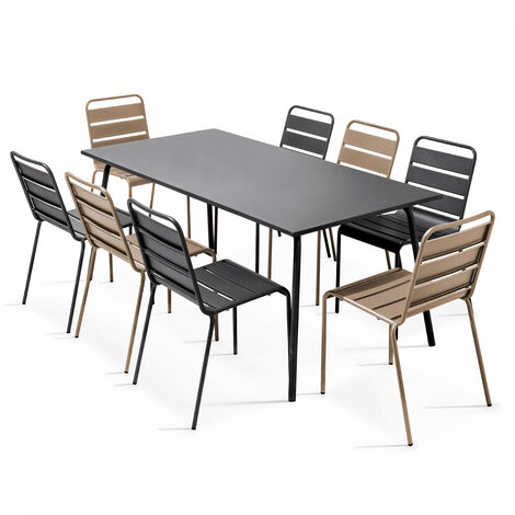 Ensemble table de jardin et 8 chaises en métal gris et taupe - Palavas (1/5)