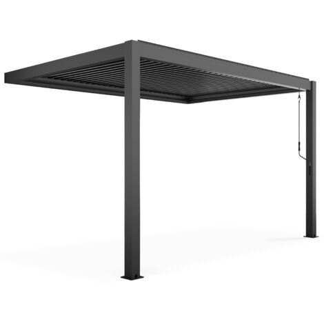 Oviala – Pergola bioclimatique adossée 3 x 4 m – Aluminium 100% – Lames orientables manuelles – Gouttières pour évacuation des eaux pluviales