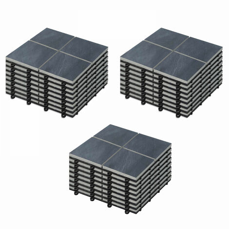 Oviala – Lot de 24 dalles clipsables en pierre noire 30x30cm – Support PVC noir – Système d'évacuation des eaux – Pour terrasses extérieures