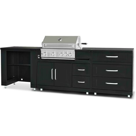 Oviala – Cuisine d'extérieur 3 modules en acier inoxydable – Barbecue gaz 4 brûleurs tubulaires + 1 infrarouge – Plan de travail 89 cm – Rangement 3 tiroirs