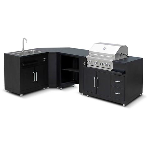 Oviala – Cuisine d'extérieur angle 4 éléments avec évier et barbecue à gaz 4 brûleurs – Dimensions totales 401 x 66 x 96 cm – Acier inoxydable