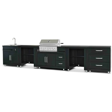Oviala – Cuisine d'extérieur inox 5 meubles avec évier et barbecue gaz 4 brûleurs – Dimensions 463 x 66 x 96 cm – Pour professionnels