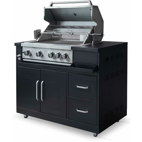 Oviala – Meuble barbecue gaz 4 brûleurs – Rôtissoire électrique – Grille de maintien au chaud – Dimensions 122x66x96 cm