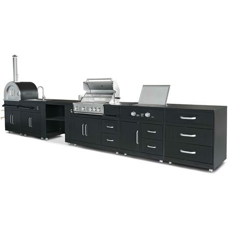 Oviala – Cuisine d'extérieur 6 meubles en acier – Module cuisson avec four à pizza et barbecue gaz – Dimensions totales 524 x 66 cm (1/5)