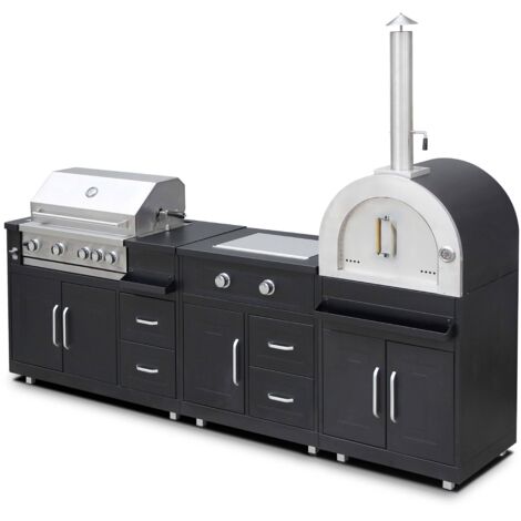 Oviala – Cuisine d'extérieur 3 modules de cuisson en acier inoxydable – Barbecue à gaz 4 brûleurs – Four à bois pour pizzas – Dimensions 273 x 66 x 96 cm