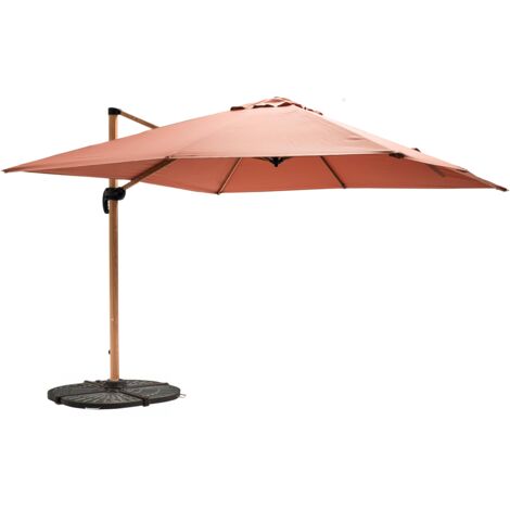 Parasol déporté 3x3m et 4 dalles lestées effet bois argile