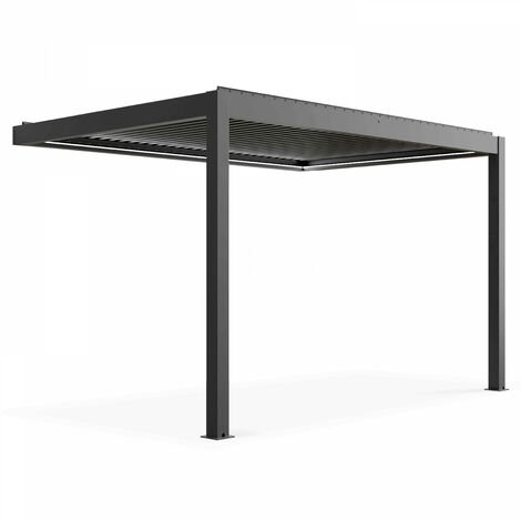 Oviala – Pergola bioclimatique adossée motorisée 3 x 4 x 2,5m – Structure en aluminium gris – Lames orientables pour régulation climatique – Éclairage LED intégré (1/5)