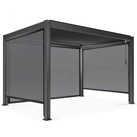 Oviala – Pergola bioclimatique autoportée 3 x 4 m – Lames orientables en aluminium – 4 gouttières pour évacuation des eaux – 3 stores verticaux en PVC