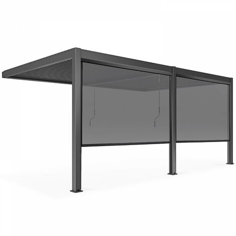 Oviala – Pergola bioclimatique adossée 5,74 x 2,66m – 46 lames orientables en aluminium – 2 stores occultants 2,66 x 2,34m – Idéale pour espaces extérieurs (1/5)