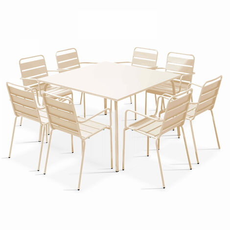 Ensemble table de jardin carrée et 8 fauteuils en métal ivoire - Palavas (1/5)