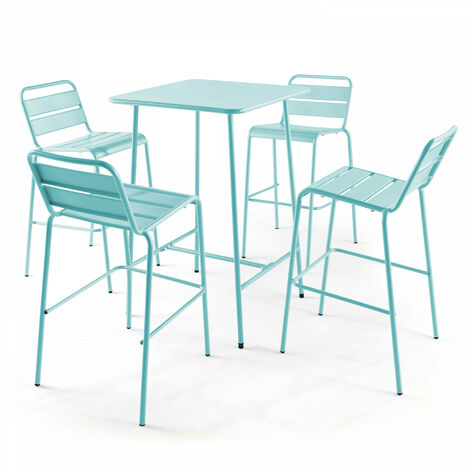 Ensemble table de bar et 4 chaises hautes en métal turquoise - Palavas (1/5)