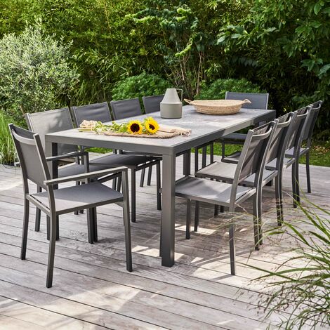 Salon de jardin table en aluminium et céramique et 10 assises bois