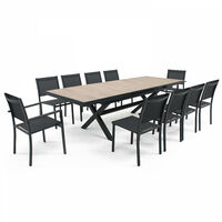 Oviala – Ensemble table et chaises de jardin extensible 8 à 10 places – Plateau en céramique imitation bois clair – Structure en aluminium – Empilables