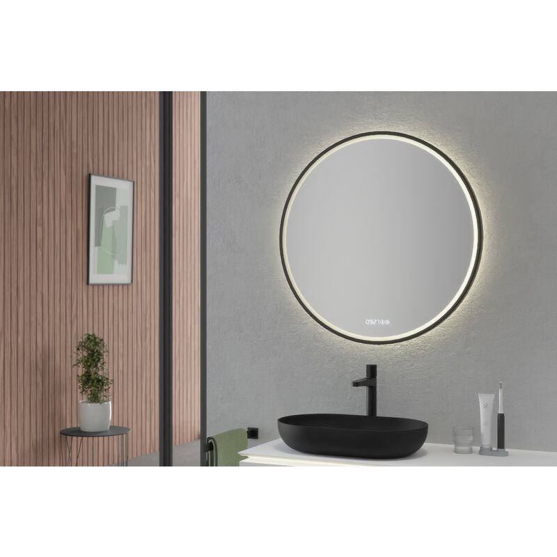 Specchio illuminato a LED 8232-2.0 rotondo con sabbiatura, incluso  riscaldamento dello specchio, regolazione della luce calda/fredda e  orologio digitale - cornice nera - dimensioni selezionabili Ø 80c