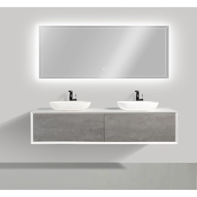 Mobile da bagno sospeso Fiona 1800 - bianco opaco e effetto cemento -180 x  40 x 55 cm - specchio opzionale Specchio a luce LED 2073, senza coperchio  supplementare, Senza lavabo