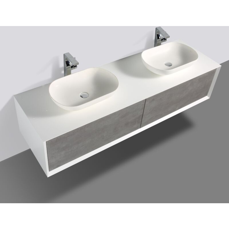 Mobile da bagno sospeso Fiona 1800 - bianco opaco e effetto cemento -180 x  40 x 55 cm - specchio opzionale Specchio a luce LED 2073, senza coperchio  supplementare, Senza lavabo