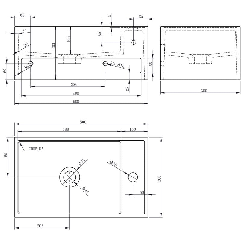 Lavabo sospeso PB2078 in pietra solida (Solid Stone) - 50 x 30 x 22 cm -  bianco opaco 