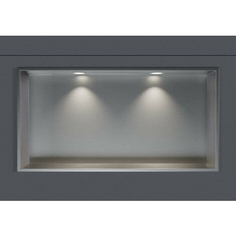 BERNSTEIN Nicchia doccia in acciaio inox + 2 faretti LED, ripiano doccia incorporato - 30x60x10cm (AxLxP) - Acciaio spazzolato, 2x LED bianco opaco Acciaio inossidabile spazzolato, 2x cornice per inst