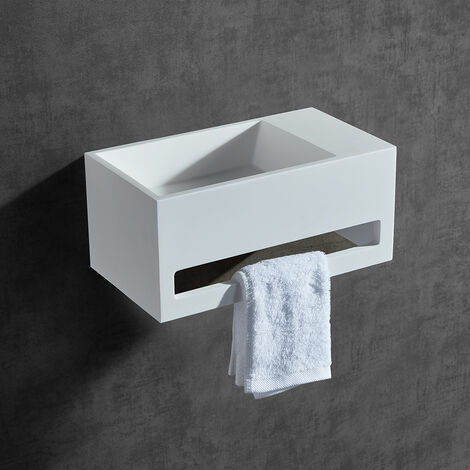 BERNSTEIN - Lavabo a parete, Lavabo in fusione minerale Bagno - Tappetino Blanc - 35,5x20x16cm - BA2105 Avec cache blanc + rangement à droite Con copertura supplementare in bianco, Spazio di archiviaz