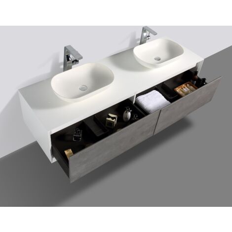 Mobile da bagno sospeso Fiona 1800 - bianco opaco e effetto cemento -180 x  40 x 55