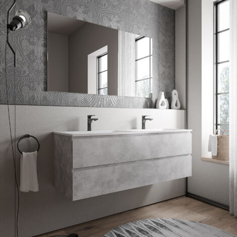 BERNSTEIN - Mobile lavabo doppio sospeso MDF effetto cemento, 2 vasche Ghisa Bianco opaco + fori rubinetto - 140x46x50cm - AVA CREAM Calcestruzzo, Bianco opaco con foro rubinetto