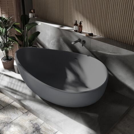 BERNSTEIN - Vasca da bagno centro stanza in ghisa minerale per bagno di design - 5 anni di garanzia - Grigio opaco - 180x110x62cm - WAVE STONE