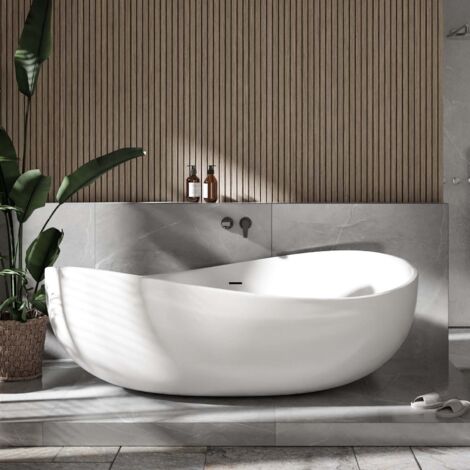 BERNSTEIN - Vasca da bagno freestanding ovale di design in acrilico 180x110x62cm Bianco lucido + Piletta e troppopieno - WAVE Bianco lucido (1/5)