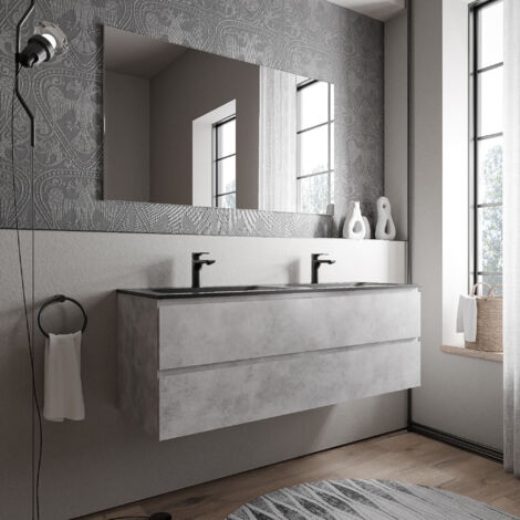BERNSTEIN - Mobile lavabo doppio sospeso MDF effetto cemento, 2 vasche Ghisa Nero opaco + fori rubinetto - 160x46x50cm - AVA BRUSSELS	Calcestruzzo, Nero opaco con foro rubinetto
