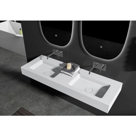 BERNSTEIN - Lavabo doppio sospeso di design in ghisa minerale con scarico - 133x45x12cm - BA8013 - Blanc mat, Senza consolle Bianco opaco, Senza telaio di base