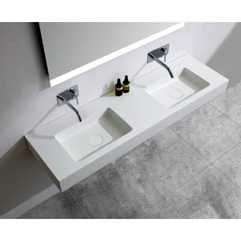 BERNSTEIN - Lavabo doppio sospeso in ghisa minerale di design con scarico - 153x45x12cm - BA8015 - Blanc mat, Senza consolle Bianco opaco, Senza telaio di base