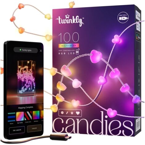 Guirlande coeur connectée IP20 6m 100 LEDS RGB fil transparent TWINKLY CANDIES - TWINKLY