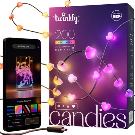 Guirlande coeur connectée IP20 12m 200 LEDS RGB fil vert TWINKLY CANDIES - TWINKLY