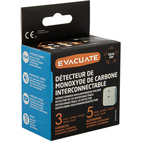 Détecteur de monoxyde de carbone interconnectable - Autonomie 5 ans et Garantie 3 ans - Jusqu'à 40 appareils interconnectables - EVACUATE