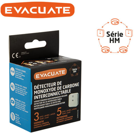 Détecteur de monoxyde de carbone interconnectable - Autonomie 5 ans et Garantie 3 ans - Jusqu'à 40 appareils interconnectables - EVACUATE