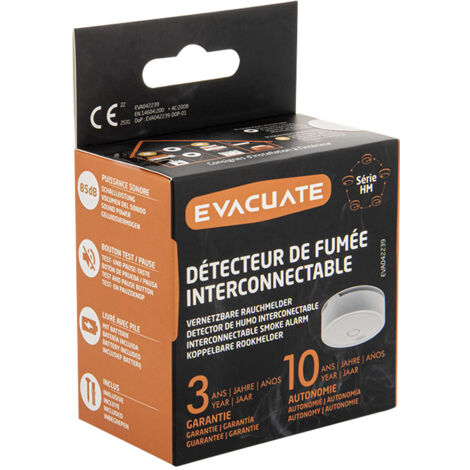 Détecteur de fumée interconnecté - Autonomie 10 ans - Garantie 3 ans - Jusqu'à 40 appareils interconnectables - EVACUATE
